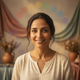 Smiling South Asian woman in a serene portrait, with soft background colors of terracotta, dusty rose, and dusty blue.