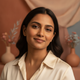 Portrait of a smiling South Asian woman, late 20s, with a serene expression against a blurred background in terracotta, dusty